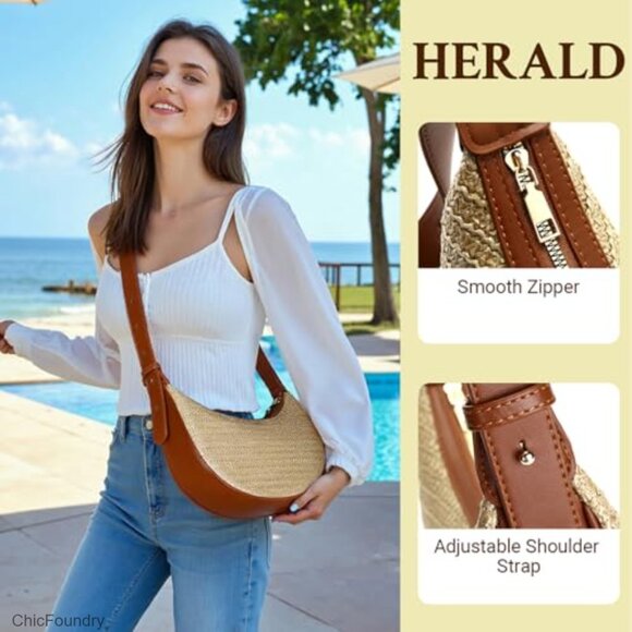 Straw Woven Hobo Crossbody Bag Adjustable Strap Beach Vacation Purse - Picture 6 of 7